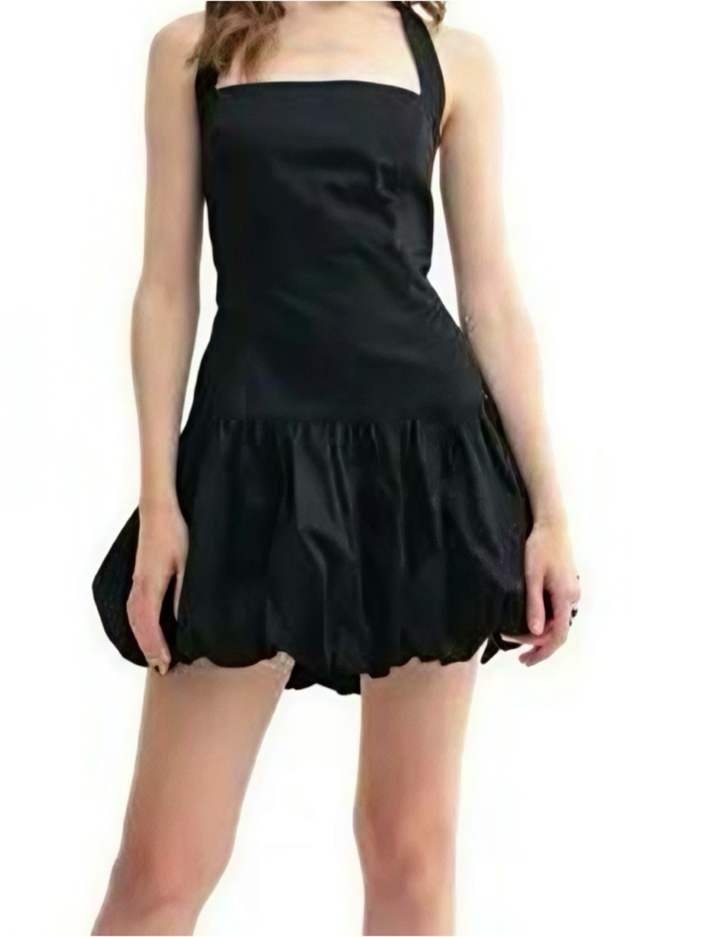 NWT House Of Harlow Black Halter Smocked Linen Blend Bubble Hem Mini Dress
